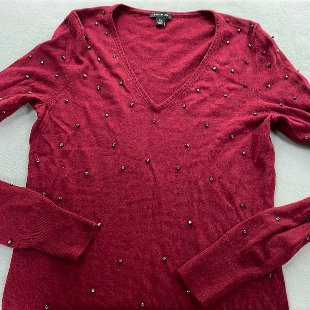 XS Ann Taylor deep red sweater with rhinestone detail